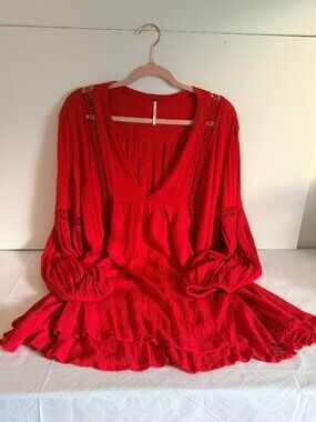 FREE PEOPLE Womans Bohemian Bright Coral Red Long Sleeve Tunic Top Size Large